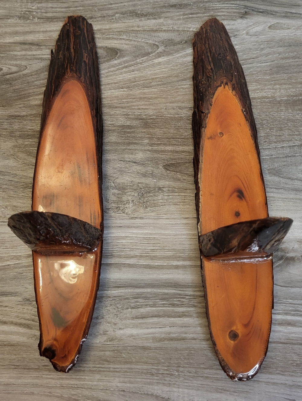 Pair Vintage Handcrafted Live Edge Wood Wall Sconces Lacquer Finish